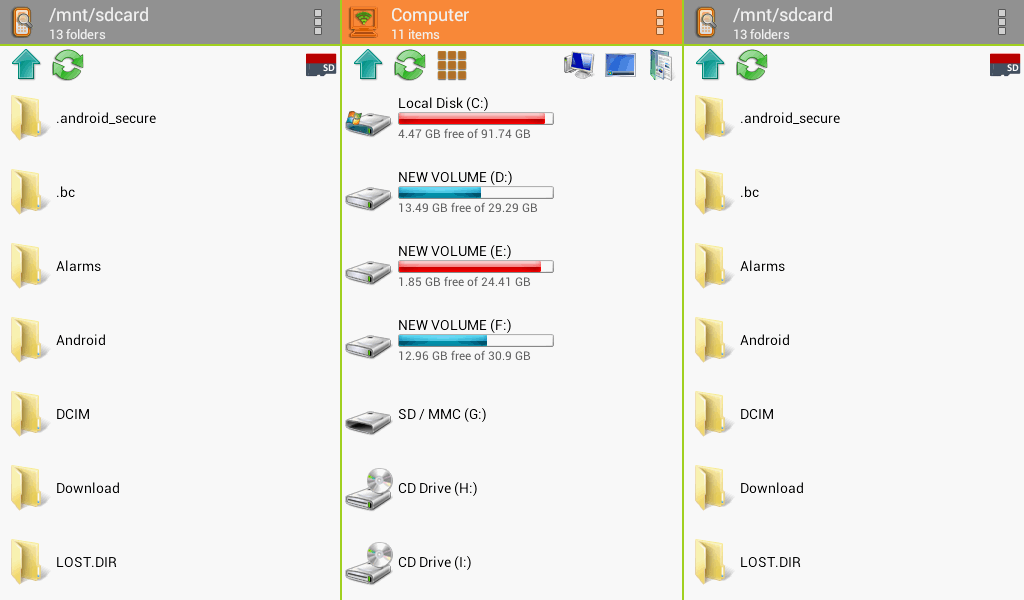 صورة من البرنامج على الموبايل ويعرض جميع اقسام الهارد ديسك الموجودة بالكمبيوتر